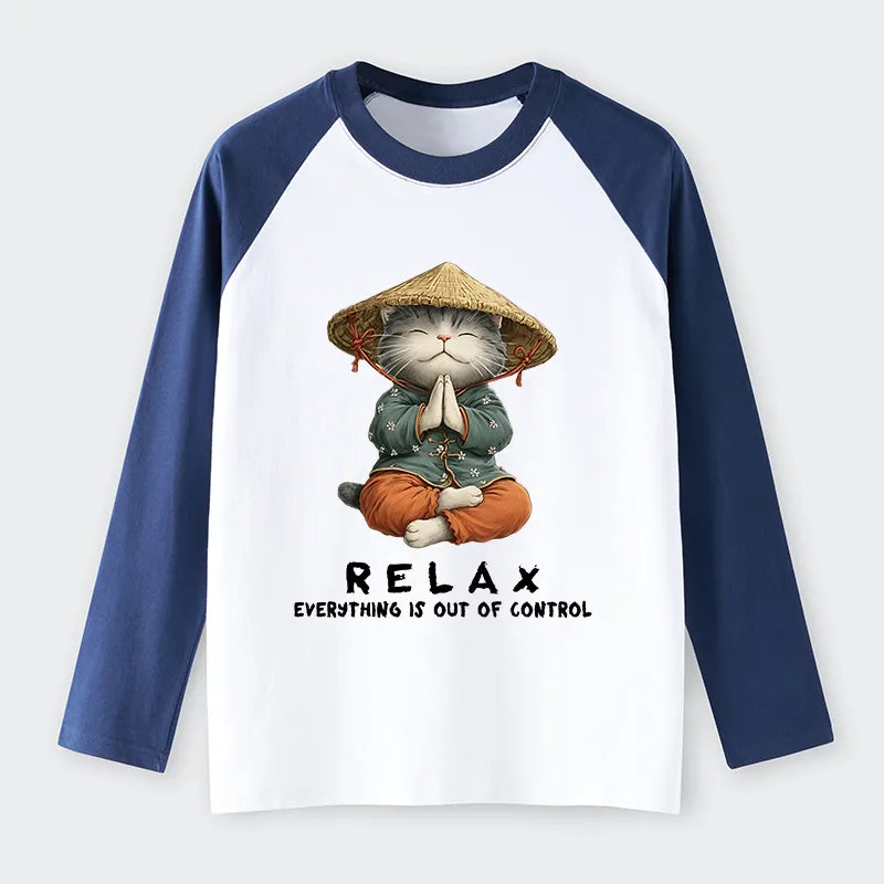 Kyoto-Lion Zen Relax Cat Graphic Raglan Long Sleeve T-shirt