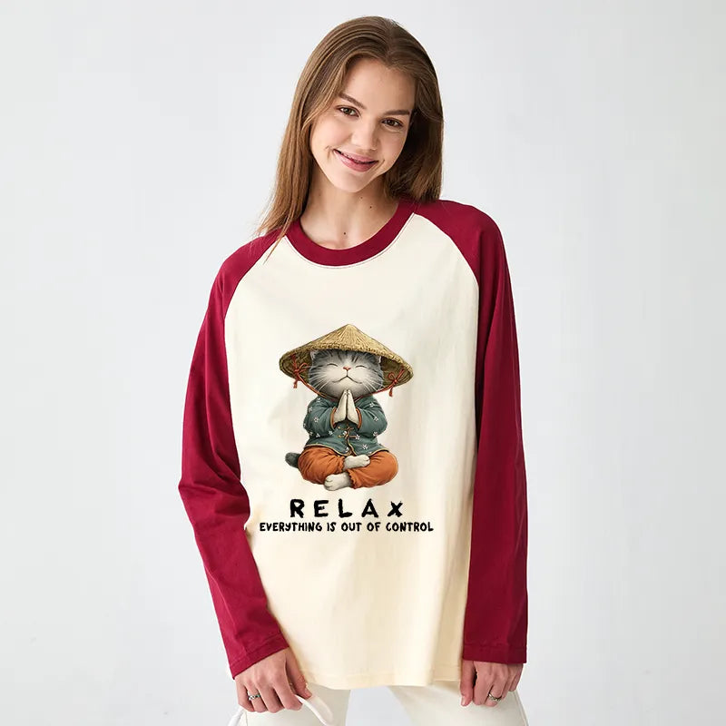 Kyoto-Lion Zen Relax Cat Graphic Raglan Long Sleeve T-shirt