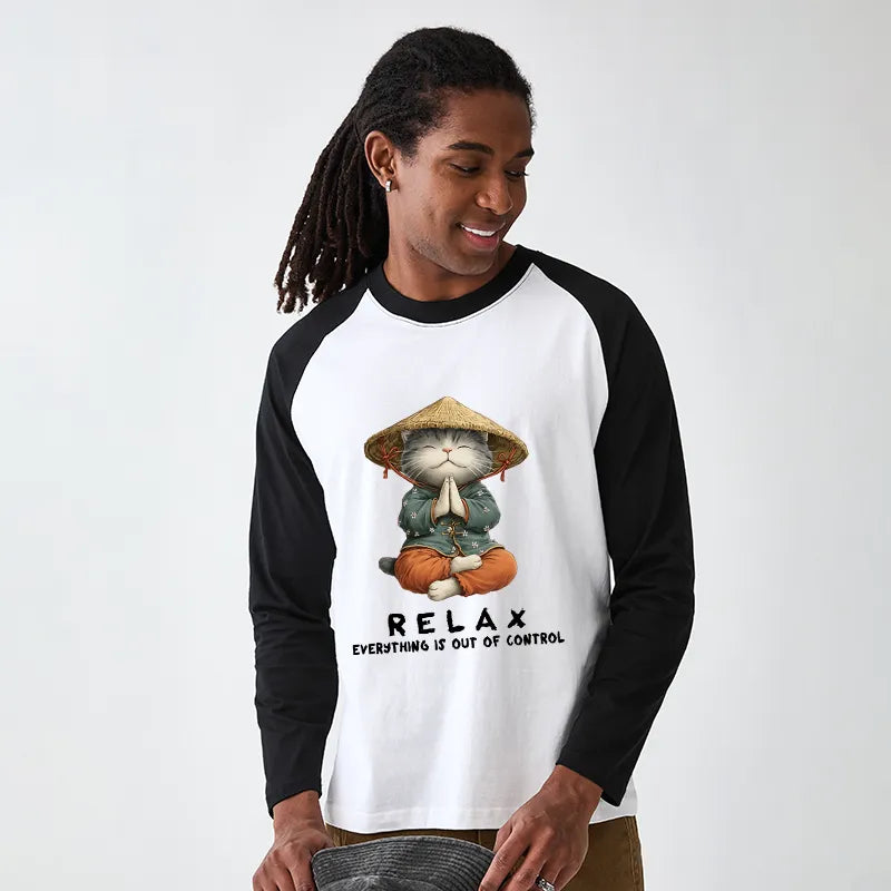 Kyoto-Lion Zen Relax Cat Graphic Raglan Long Sleeve T-shirt