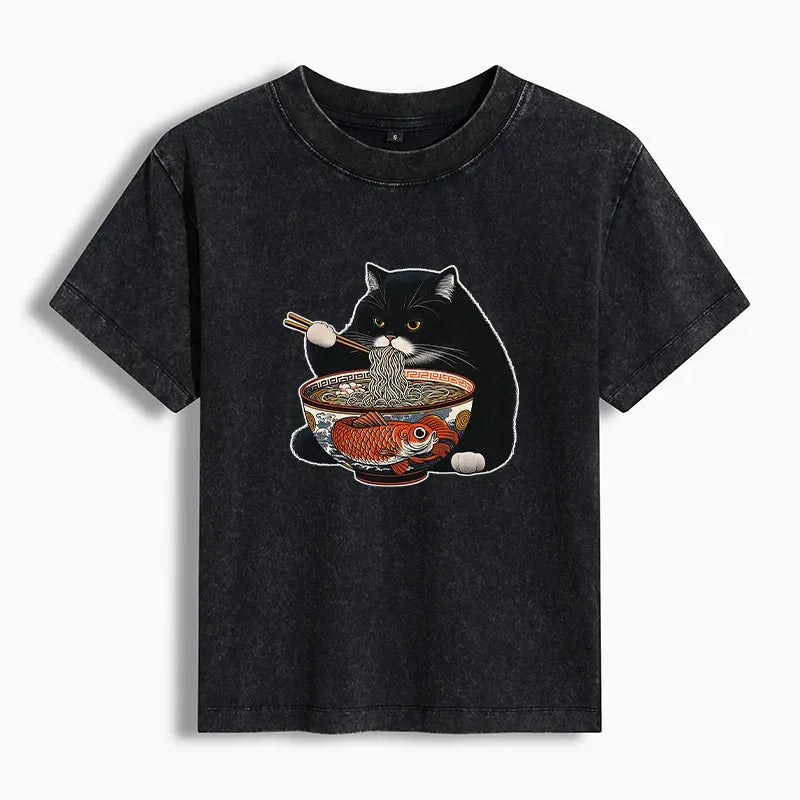 Kyoto-Lion Fat Cat Eating Ramen Women's Washed T-shirt