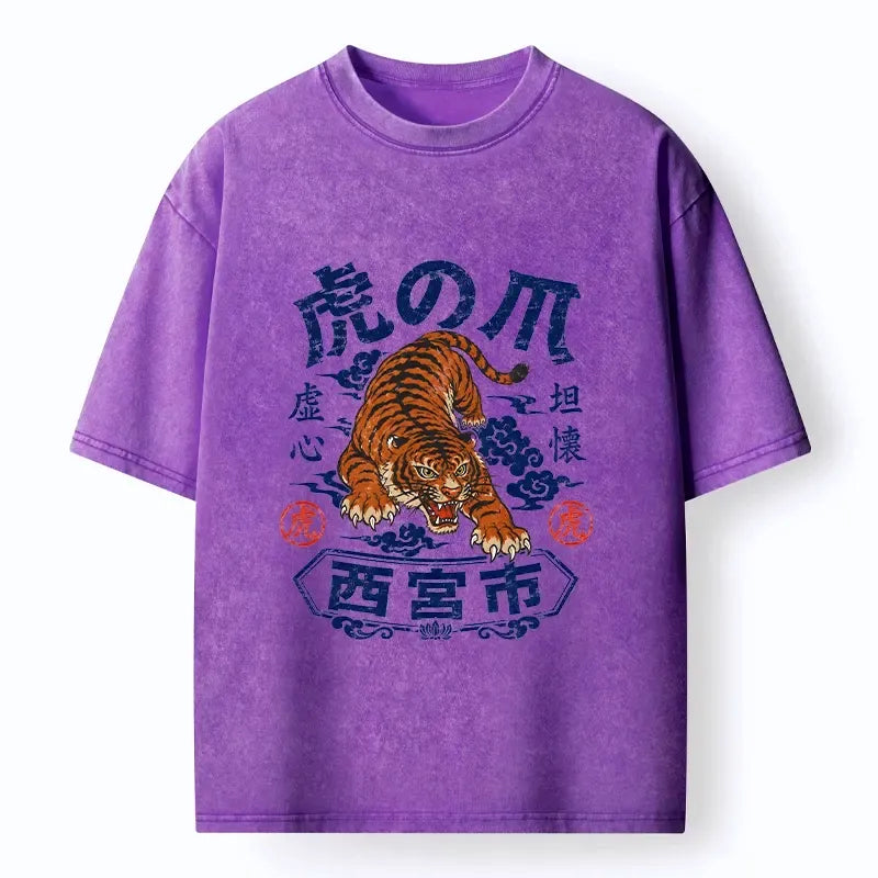 Kyoto-Lion Brave Tiger Traditional Print Washed T-Shirt