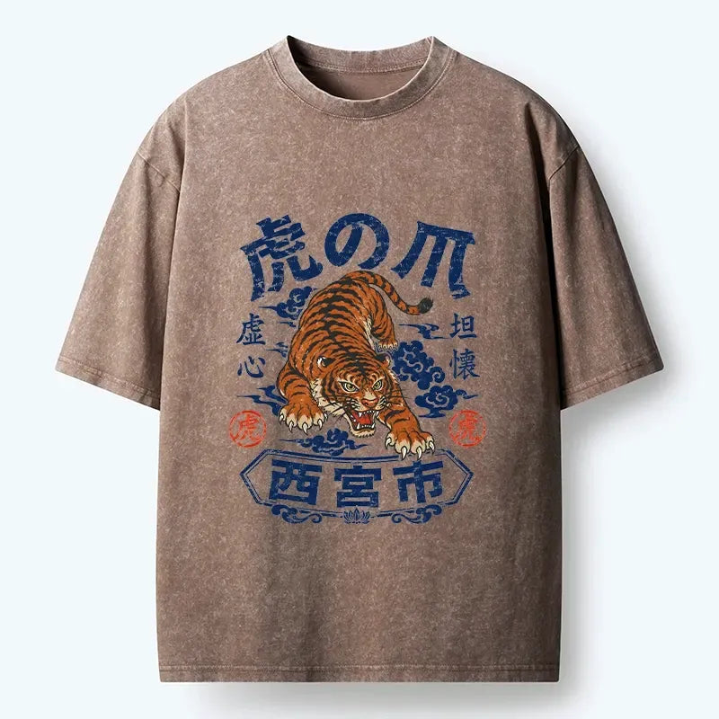 Kyoto-Lion Brave Tiger Traditional Print Washed T-Shirt