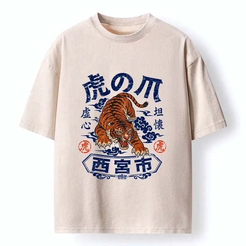 Kyoto-Lion Brave Tiger Traditional Print Washed T-Shirt