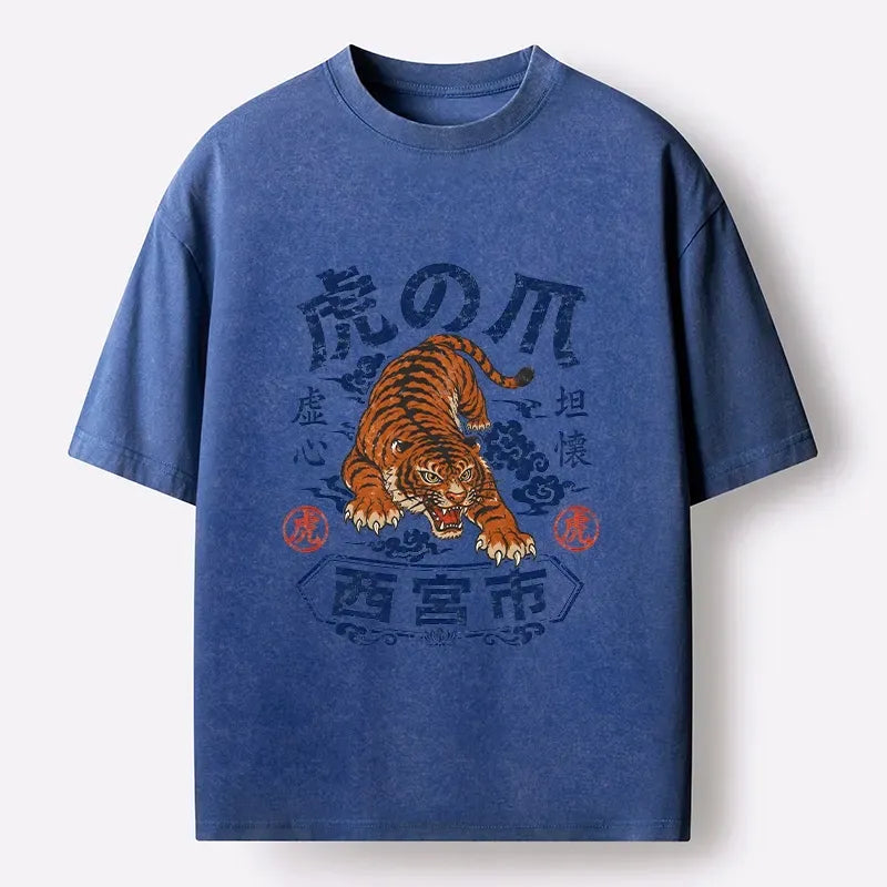 Kyoto-Lion Brave Tiger Traditional Print Washed T-Shirt