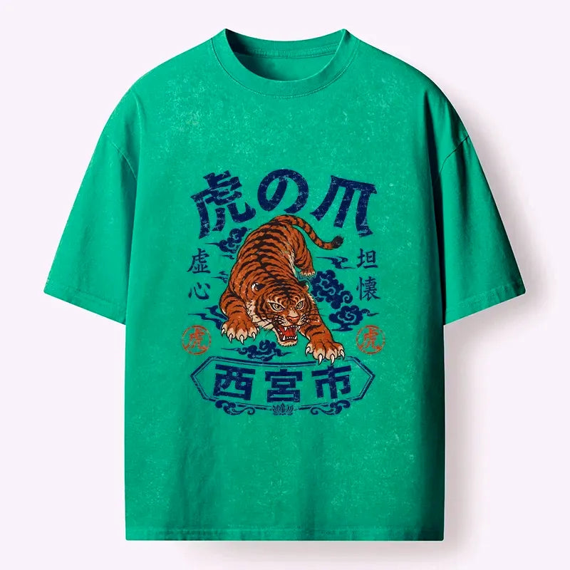 Kyoto-Lion Brave Tiger Traditional Print Washed T-Shirt