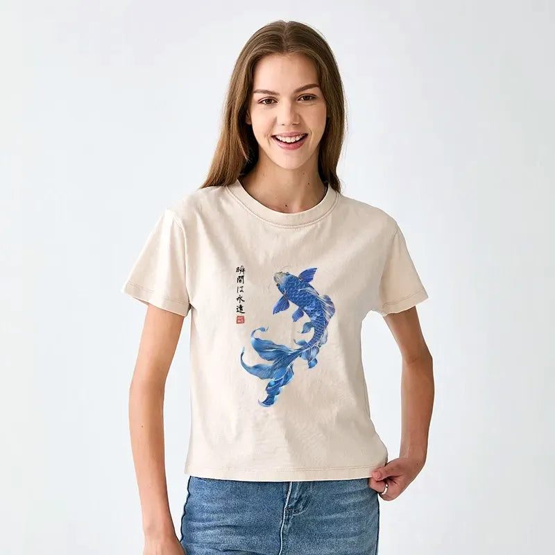 Kyoto-Lion Lucky Blue Koi Fish Art Women's Washed T-shirt