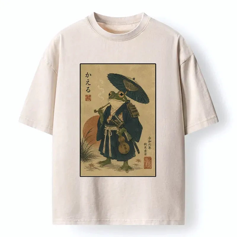 Kyoto-Lion Cool Frog Samurai In Kimono Washed T-Shirt