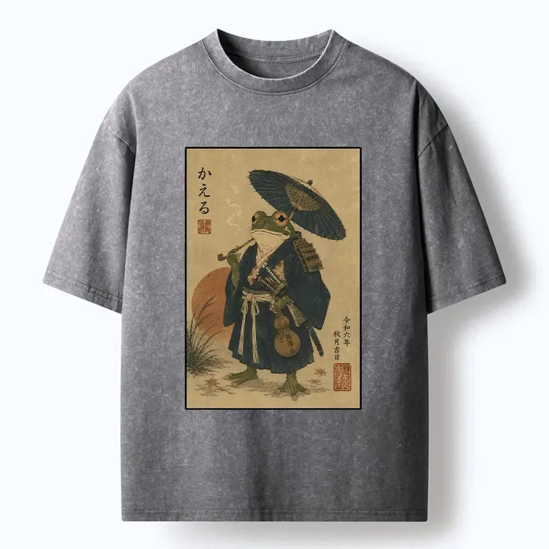 Kyoto-Lion Cool Frog Samurai In Kimono Washed T-Shirt