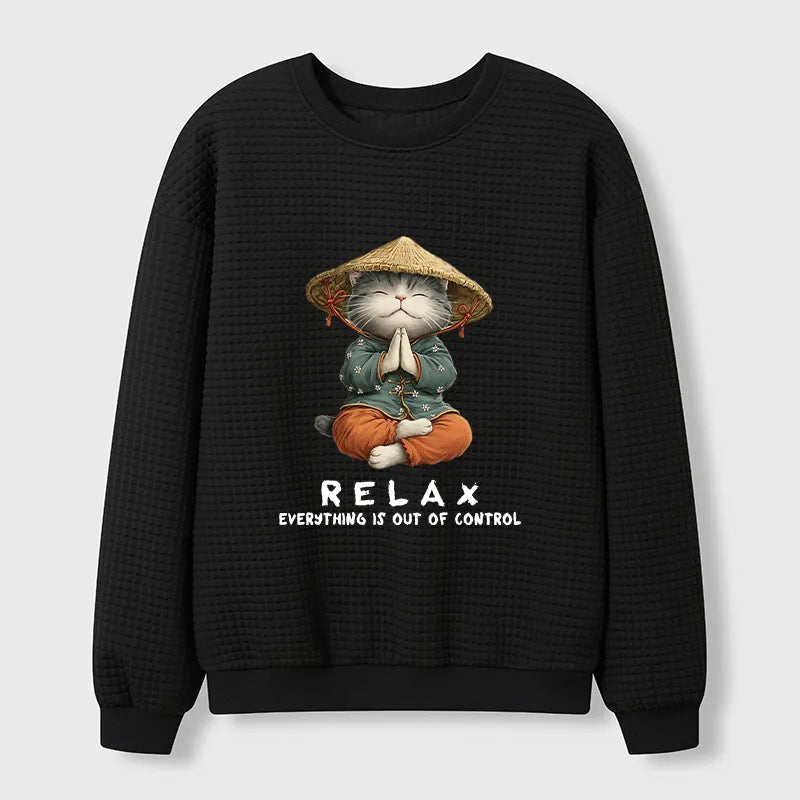 Kyoto-Lion Zen Relax Cat Graphic Waffle Sweatshirt