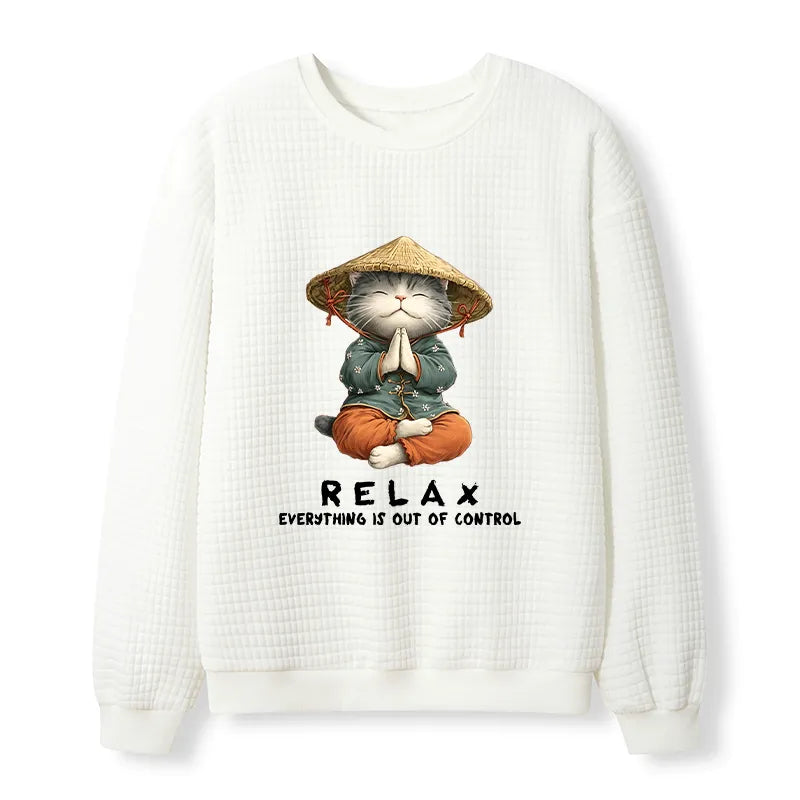 Kyoto-Lion Zen Relax Cat Graphic Waffle Sweatshirt