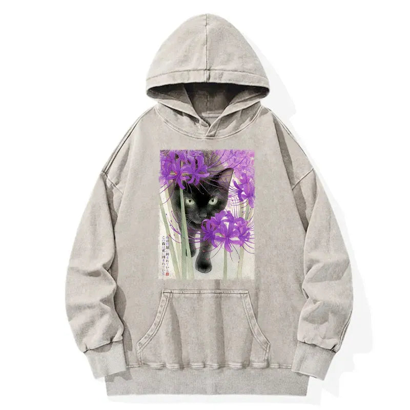 Kyoto-Lion A Cat Among The Flowers Washed Hoodie