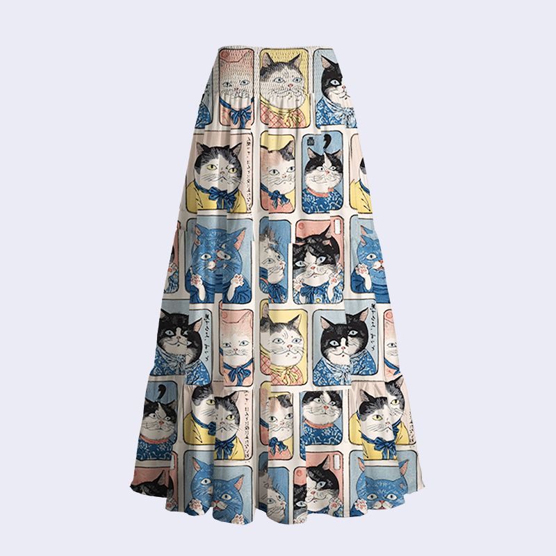 Japanese Cat Print Skirt for Women