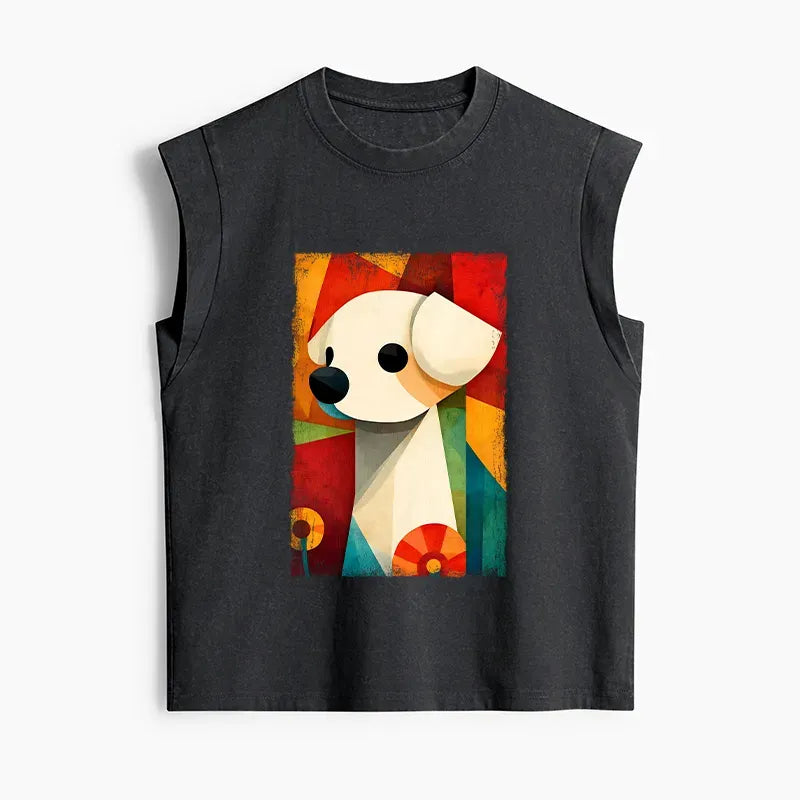 Kyoto-Lion Retro Abstract Color Block Puppy Art Women's Washed Tank Tops