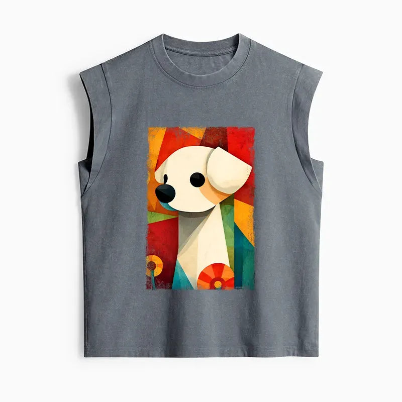 Kyoto-Lion Retro Abstract Color Block Puppy Art Women's Washed Tank Tops