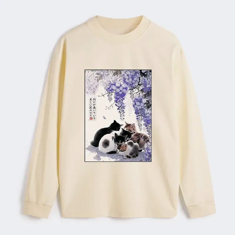 Kyoto-Lion Cats plotting under the wisteria Classic Long Sleeve T-Shirt