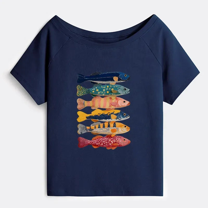 Japanese Colorful Fish Off Shoulder T-Shirt