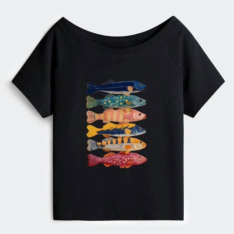 Off Shoulder Fish Art T-Shirt for Daily Wear