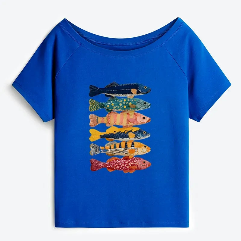 Japanese Colorful Fish Off Shoulder T-Shirt