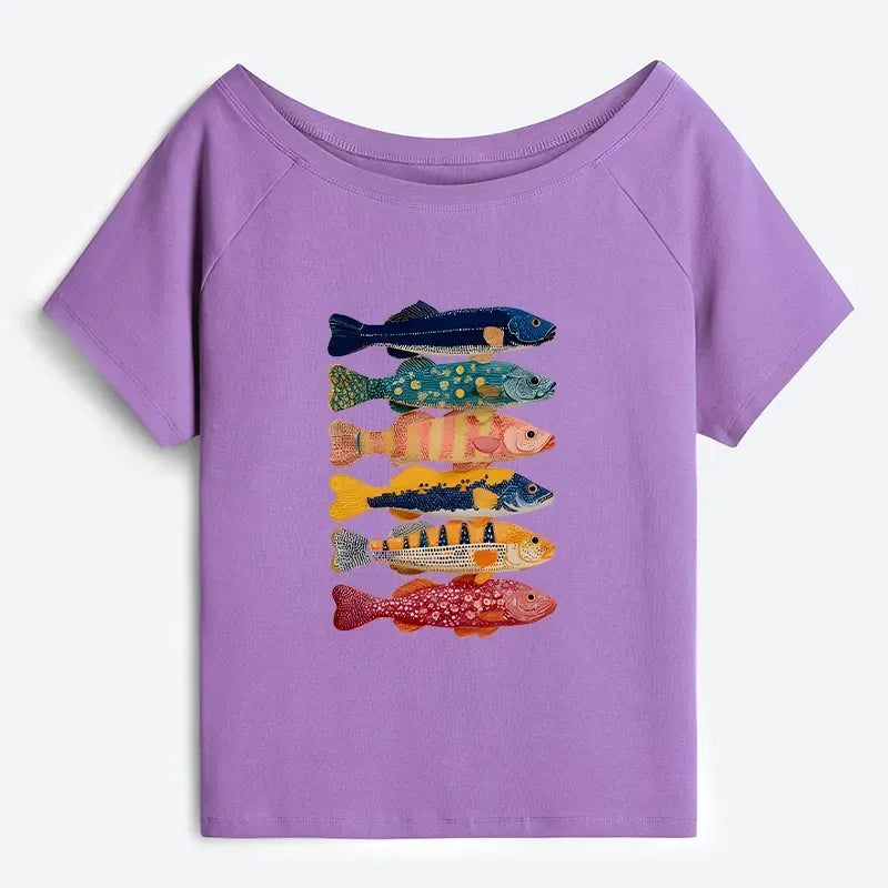 Off Shoulder Fish Art T-Shirt for Daily Wear
