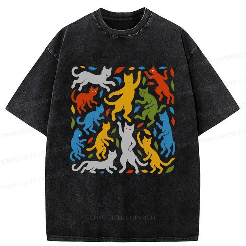 Kyoto-Lion Funny Dancing Cat Washed T-Shirt
