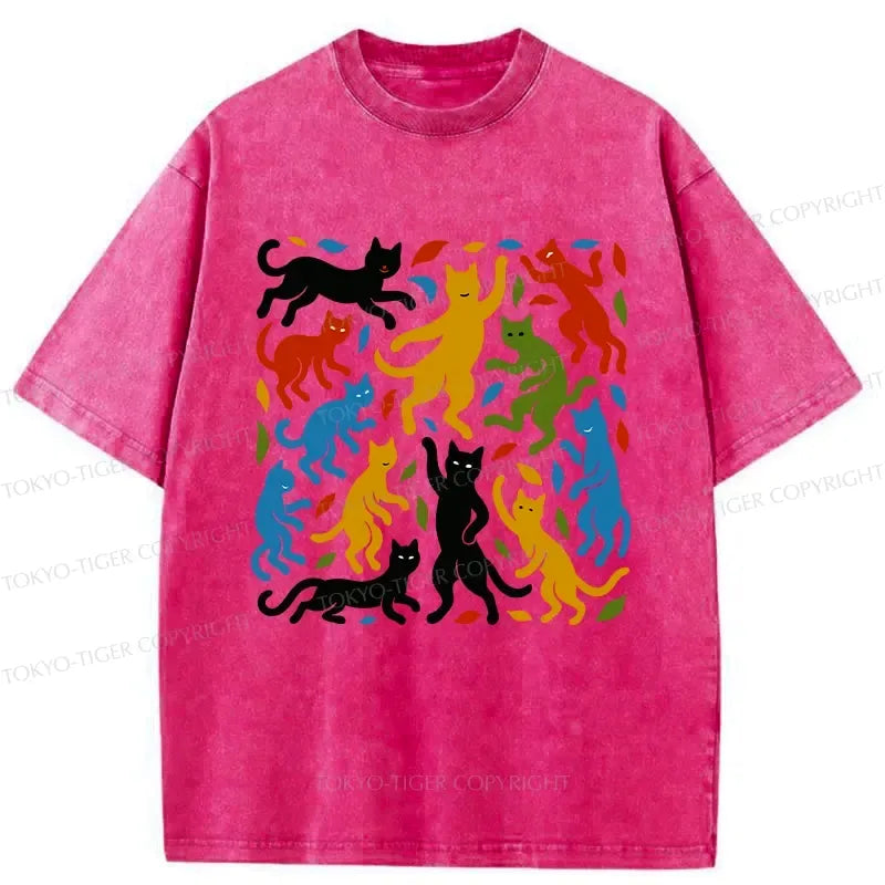 Kyoto-Lion Funny Dancing Cat Washed T-Shirt