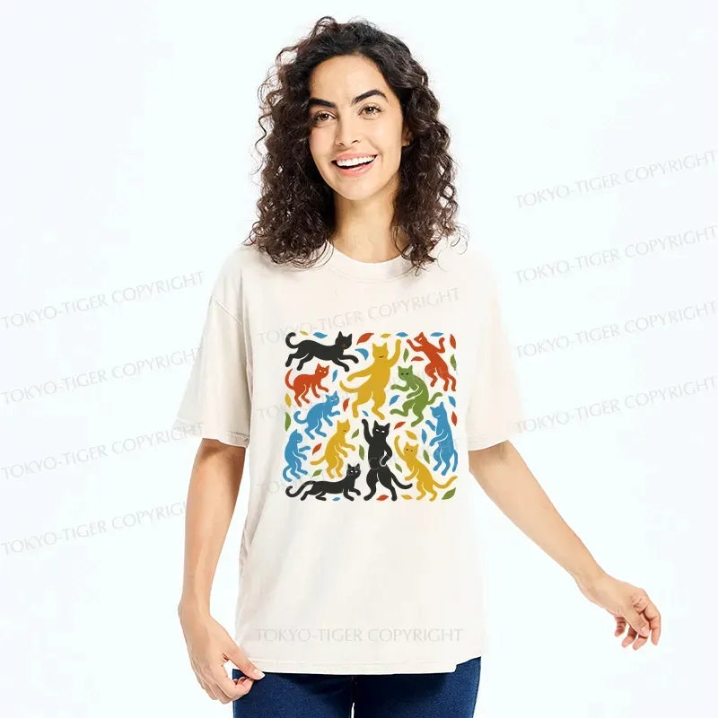 Kyoto-Lion Funny Dancing Cat Washed T-Shirt