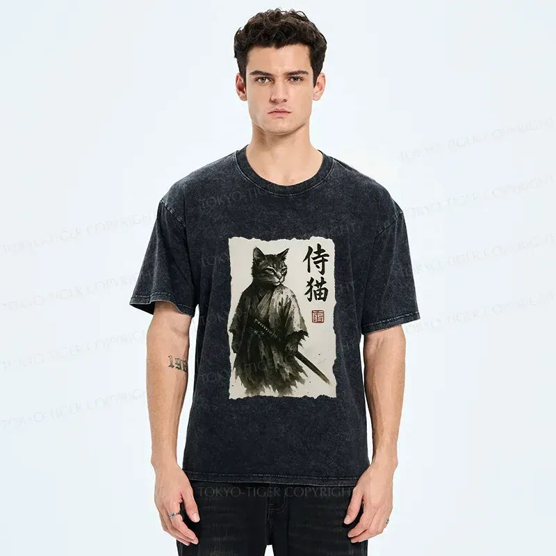 Kyoto-Lion Cat Japanese Samurai Poster Washed T-Shirt