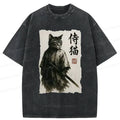 Kyoto-Lion Cat Japanese Samurai Poster Washed T-Shirt
