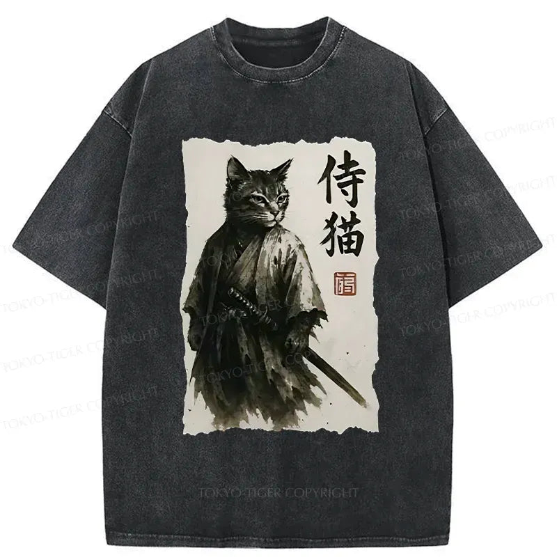 Kyoto-Lion Cat Japanese Samurai Poster Washed T-Shirt