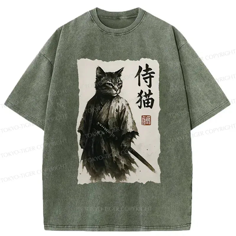 Kyoto-Lion Cat Japanese Samurai Poster Washed T-Shirt
