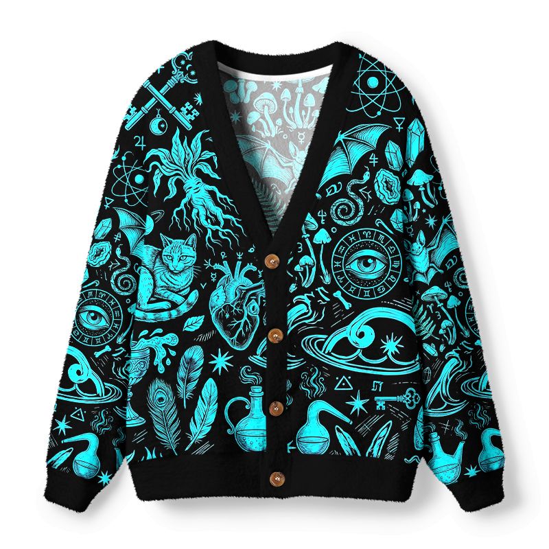 Kyoto-Lion Dark Occult Witchy Rabbit Skull Mushroom Ugly Cardigan Sweater