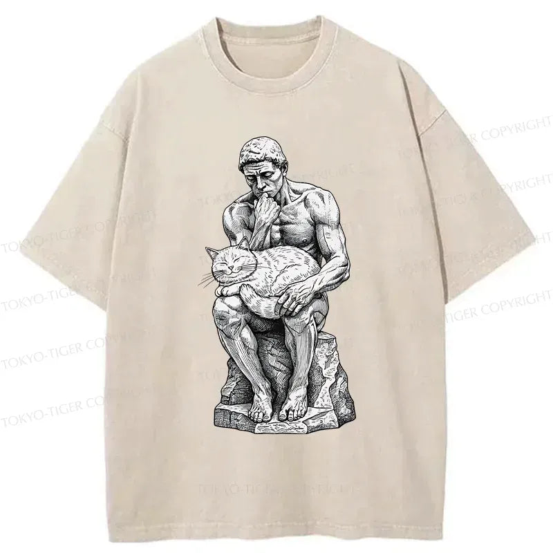 Kyoto-Lion Thinker Pets The Cat Washed T-Shirt