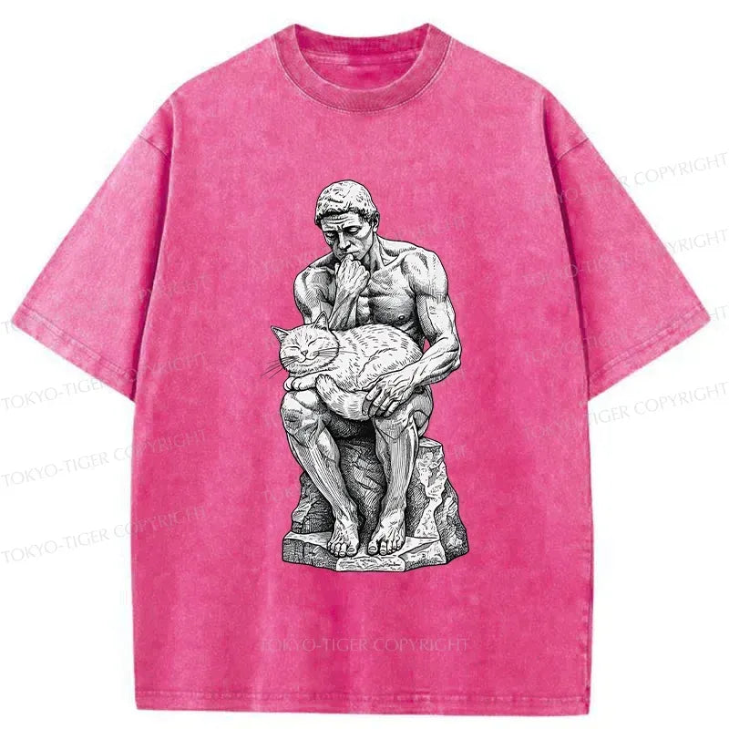 Kyoto-Lion Thinker Pets The Cat Washed T-Shirt