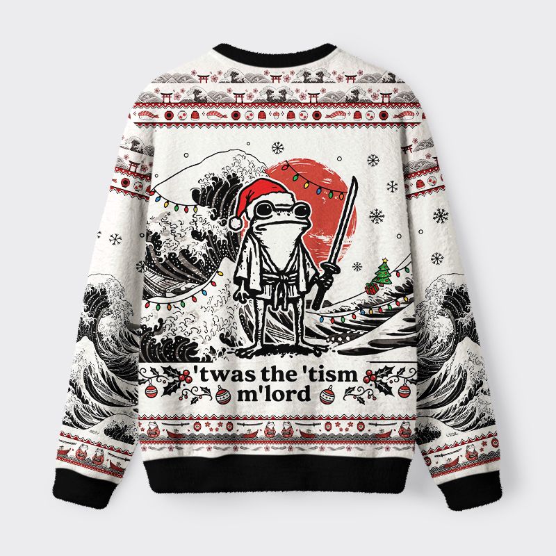 Kyoto-Lion Focused Samurai Frog Fuzzy Christmas Ugly Sweatshirt