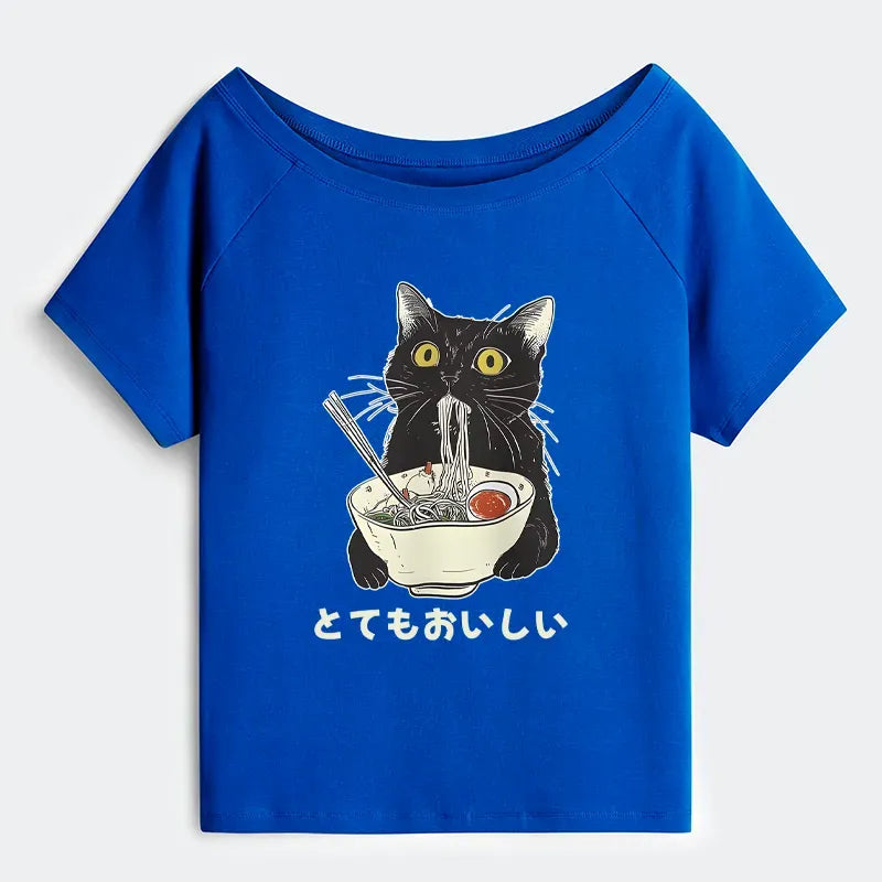 Off Shoulder Anime Cat Tee for Women