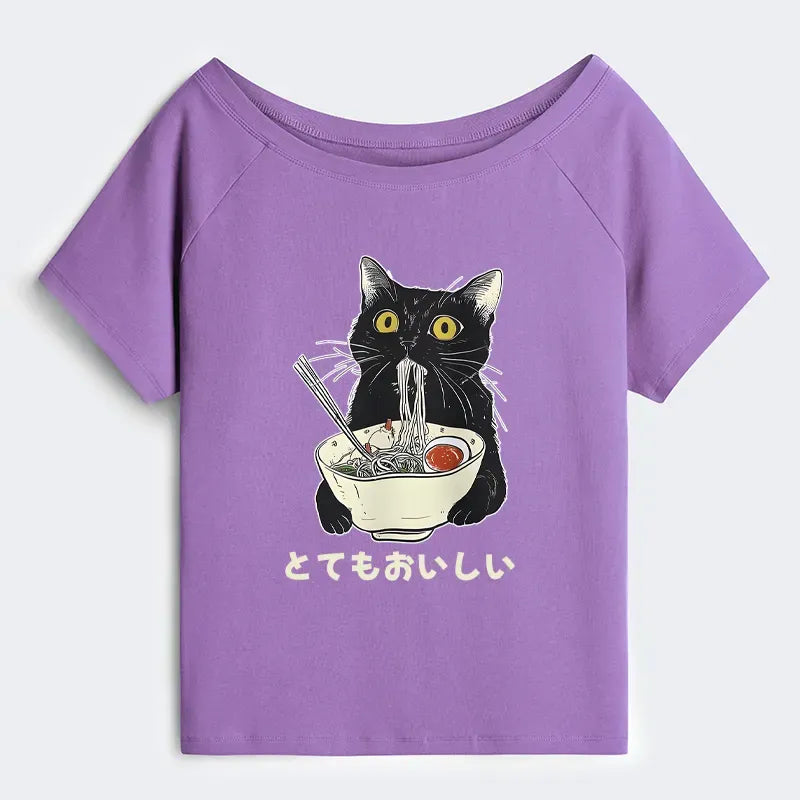 Kyoto-Lion Cats Eat Ramen Noodles Off Shoulder T-Shirt