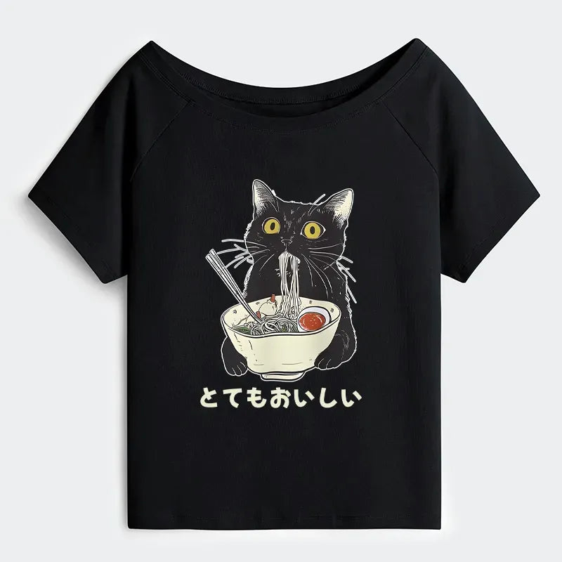 Off Shoulder Anime Cat Tee for Women
