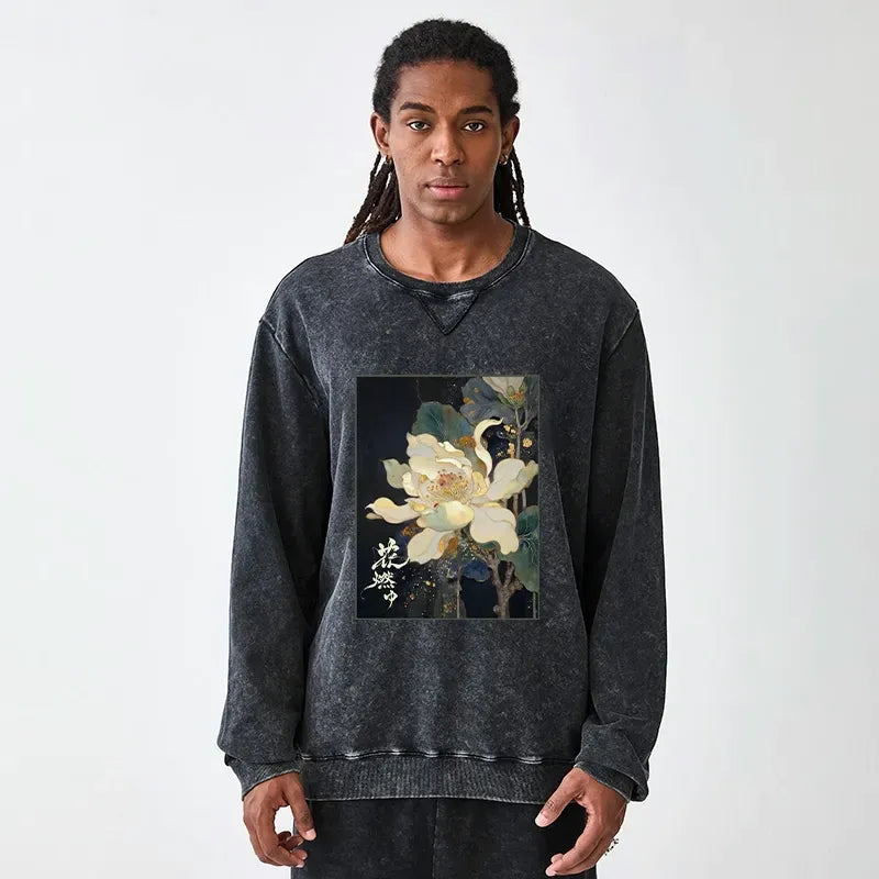 Kyoto-Lion Lotus Adorned With Golden Specks Washed Terry Sweatshirt
