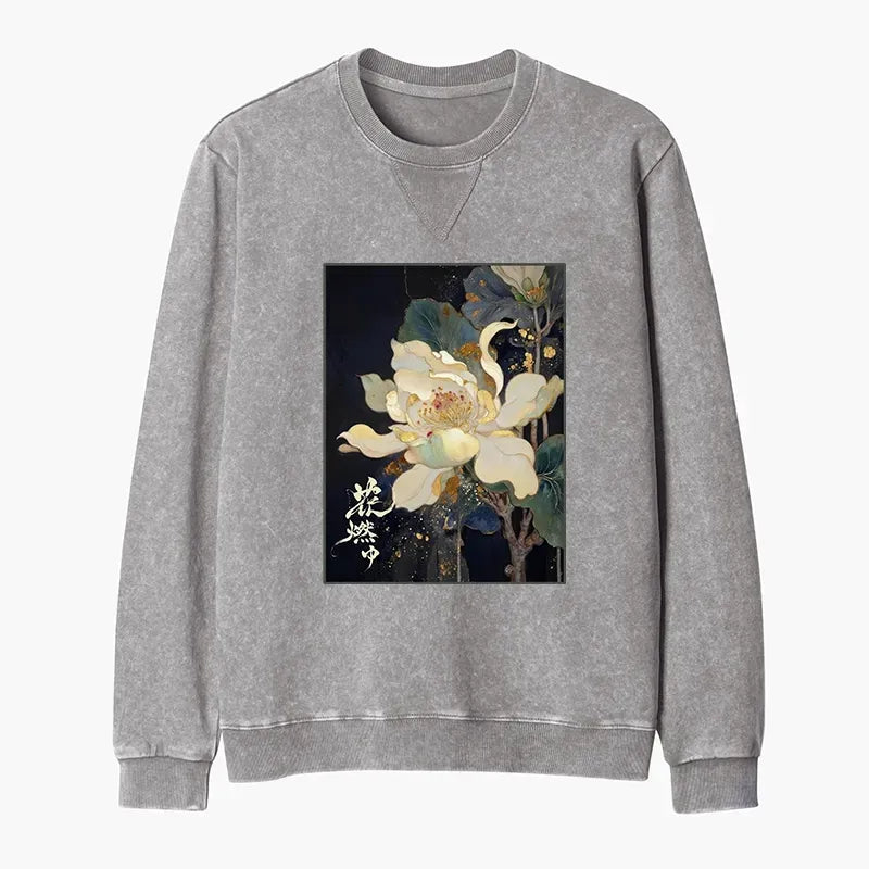 Kyoto-Lion Lotus Adorned With Golden Specks Washed Terry Sweatshirt