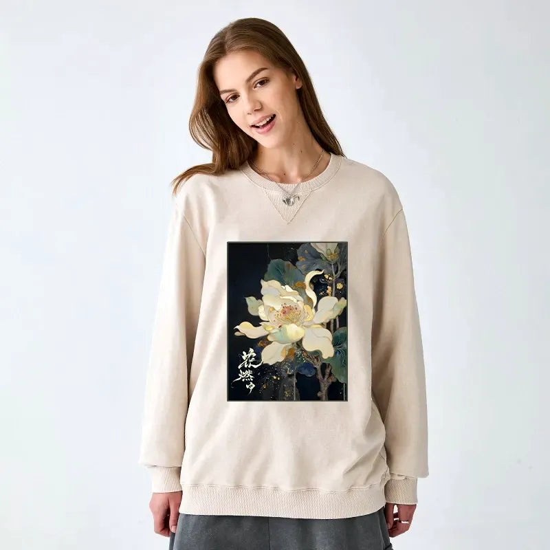 Kyoto-Lion Lotus Adorned With Golden Specks Washed Terry Sweatshirt