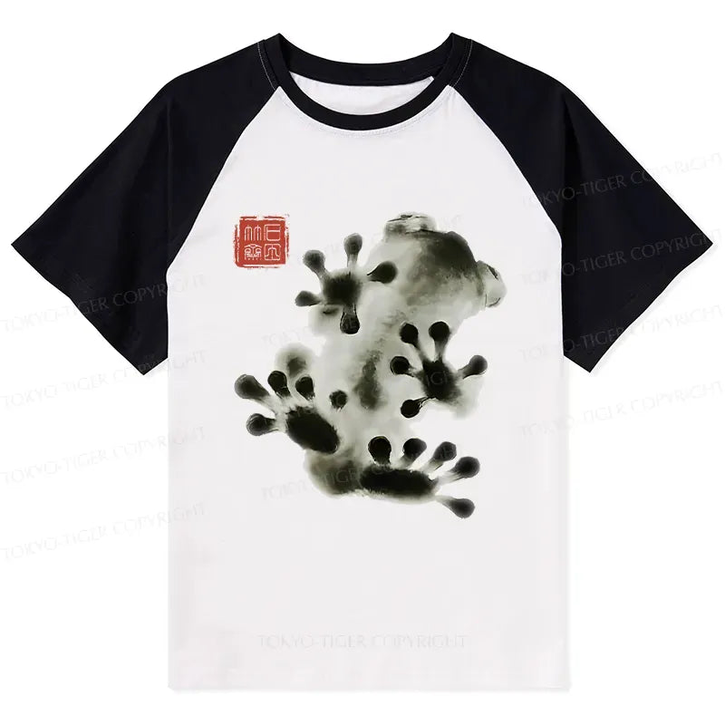 Japanese Ink Painting Frog Raglan Tee for Daily Wear