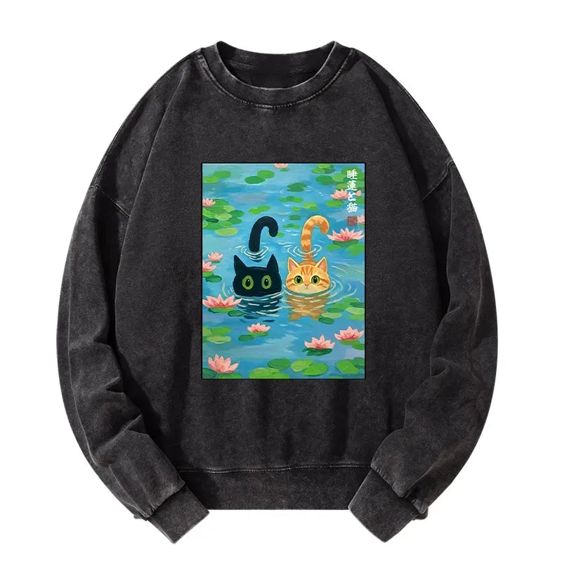 Kyoto-Lion Cats In The Lotus Pond Washed Sweatshirt