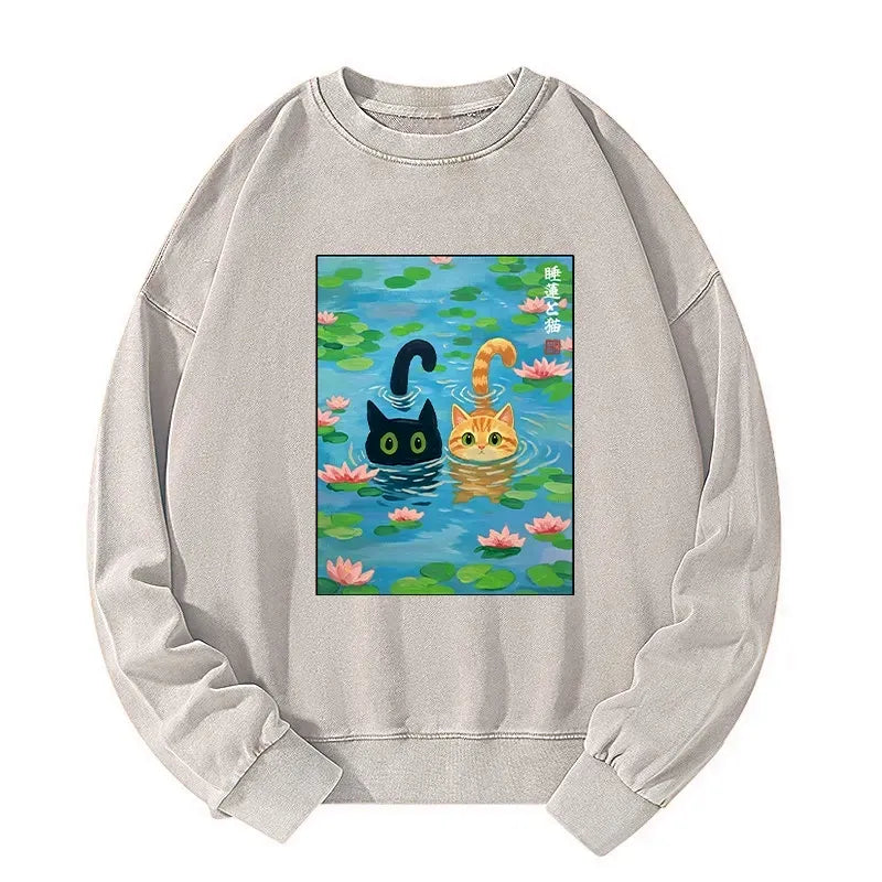 Kyoto-Lion Cats In The Lotus Pond Washed Sweatshirt