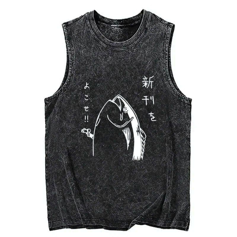 japanese fish design washed tank top