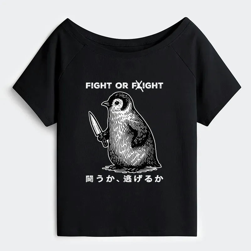 Kyoto-Lion Funny Fight Or Flight Off Shoulder T-Shirt