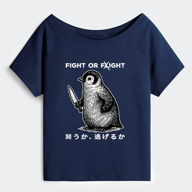 Kyoto-Lion Funny Fight Or Flight Off Shoulder T-Shirt