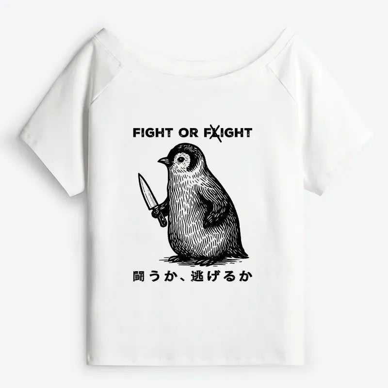 Kyoto-Lion Funny Fight Or Flight Off Shoulder T-Shirt