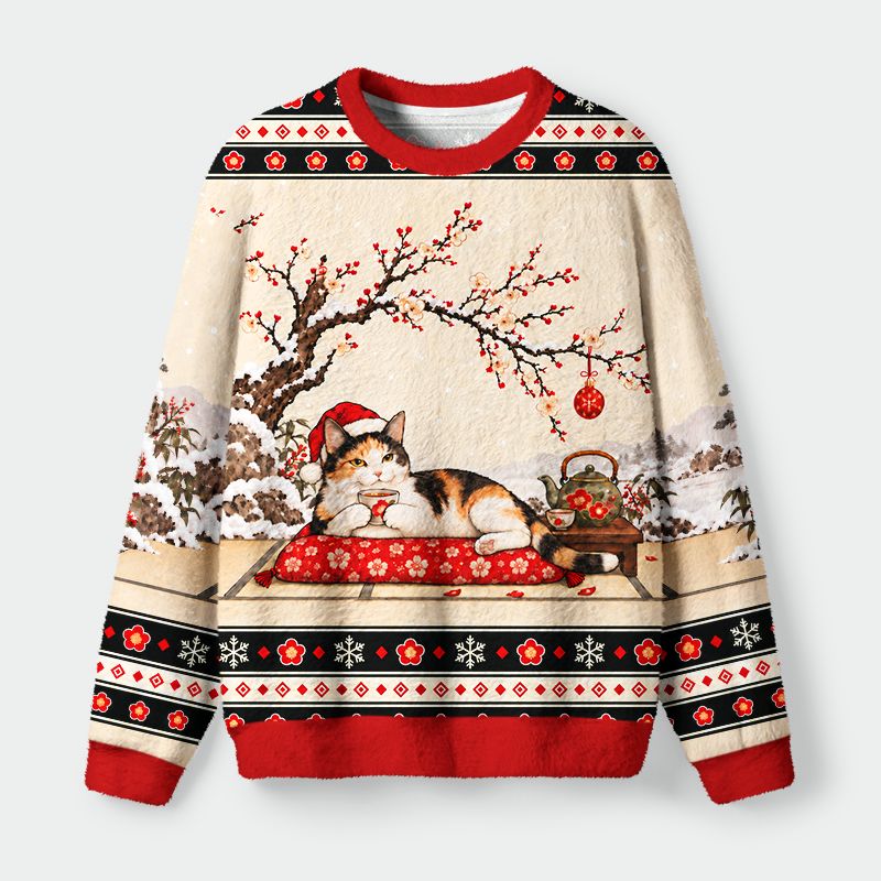 Kyoto-Lion Leisurely Cat Is Drinking Tea Christmas Ugly Sweatshirt