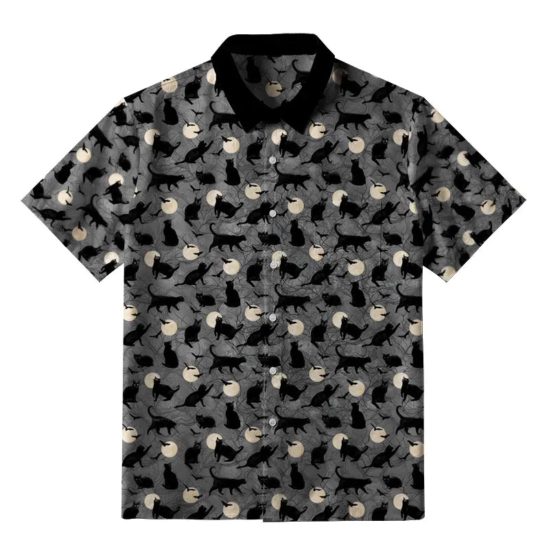 Kyoto-Lion Black Cats On Moonlit Night Button-up Shirt