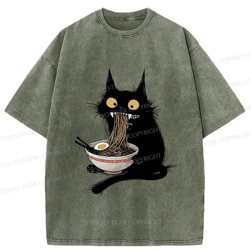 Japanese Cat Ramen Washed T-Shirt